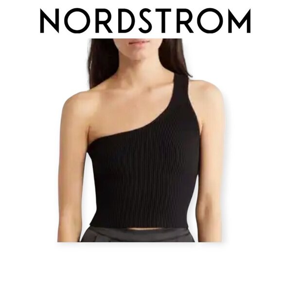 Sleek Black Ribbed Knit One-Shoulder Contour Tank NSR size L NWT - Picture 1 of 12